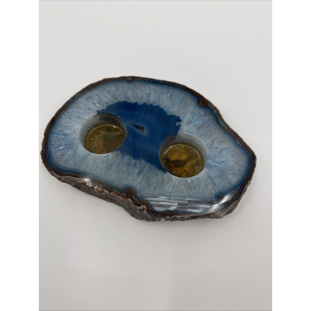 Large Blue Agate Slice Gilded Double Tealight Candle Holder 7" The Ore Cart